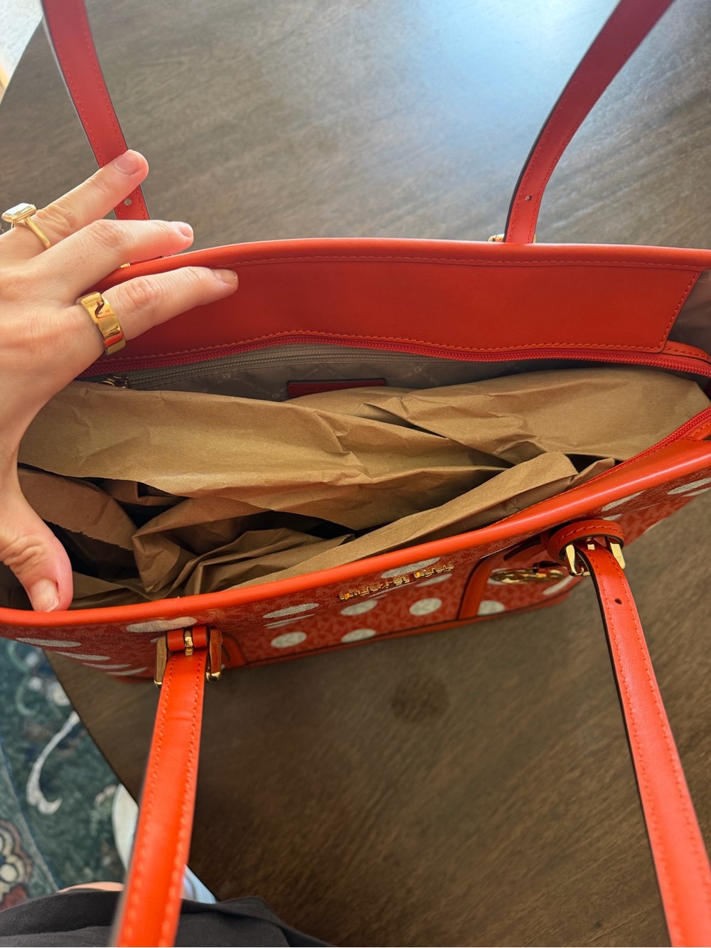 Women's Orange Tote Bag with Polka Dot Accent